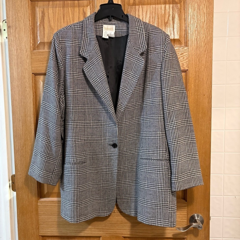 Roamans Women’s Blazer Plaid Wool Blend Black White Size B6 3XL Made In Ukraine